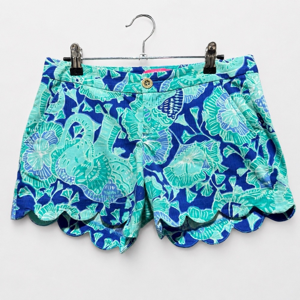 Lilly Pulitzer Buttercup Shorts Womens 0 Blue Green Excellent Scalloped Floral